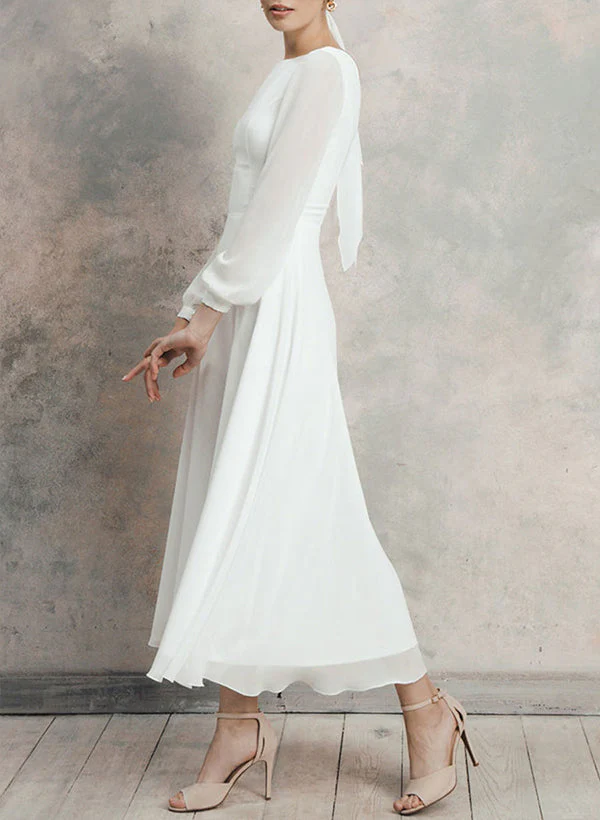 Chic A-line Scoop Neck Long Sleeves Chiffon Ankle-Length Wedding Dress Ruffle - Image 2