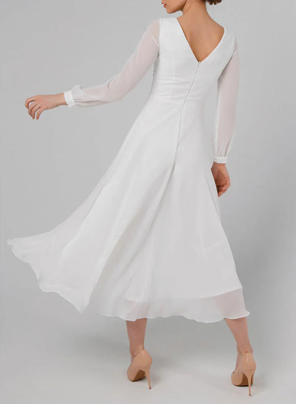 Chic A-line Scoop Neck Long Sleeves Chiffon Ankle-Length Wedding Dress Ruffle - Image 3