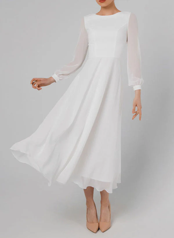 Chic A-line Scoop Neck Long Sleeves Chiffon Ankle-Length Wedding Dress Ruffle - Image 4