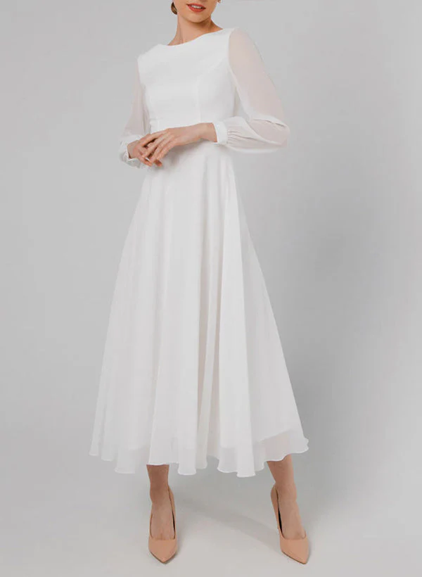 Chic A-line Scoop Neck Long Sleeves Chiffon Ankle-Length Wedding Dress Ruffle - Image 5