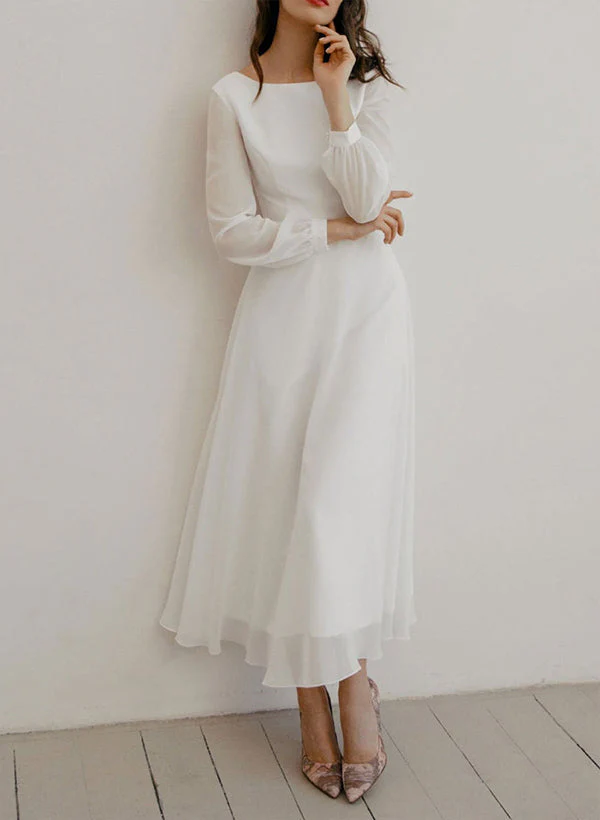 Chic A-line Scoop Neck Long Sleeves Chiffon Ankle-Length Wedding Dress Ruffle - Image 6