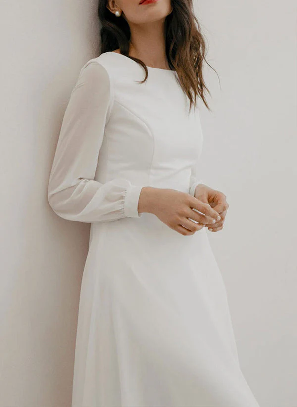 Chic A-line Scoop Neck Long Sleeves Chiffon Ankle-Length Wedding Dress Ruffle - Image 8