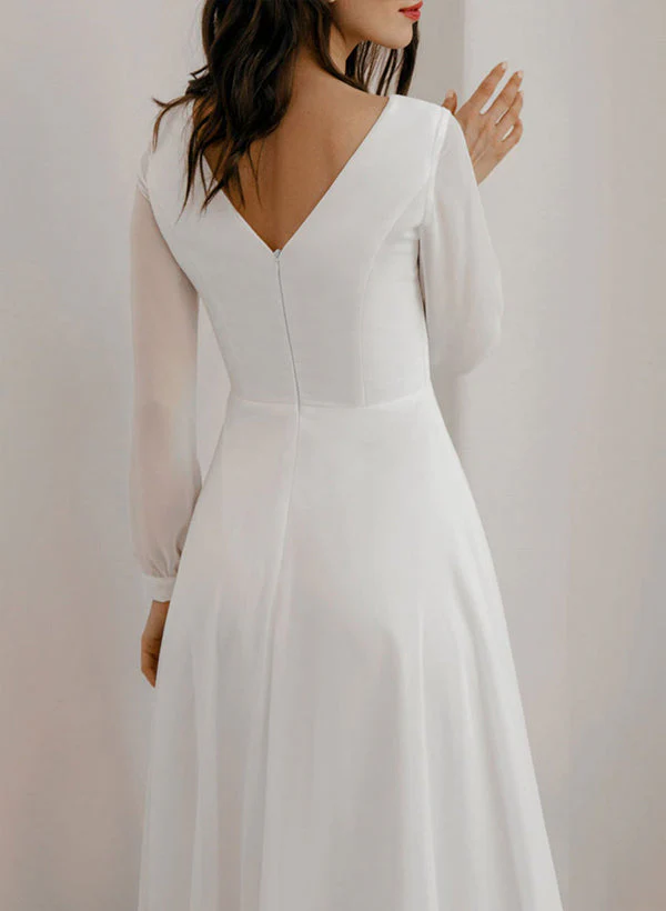 Chic A-line Scoop Neck Long Sleeves Chiffon Ankle-Length Wedding Dress Ruffle - Image 9