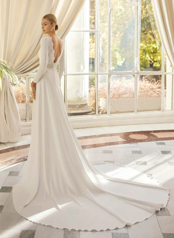 Chic A-line Scoop Neck Long Sleeves Court Train Elastic Satin Wedding Dresses Lace - Image 2