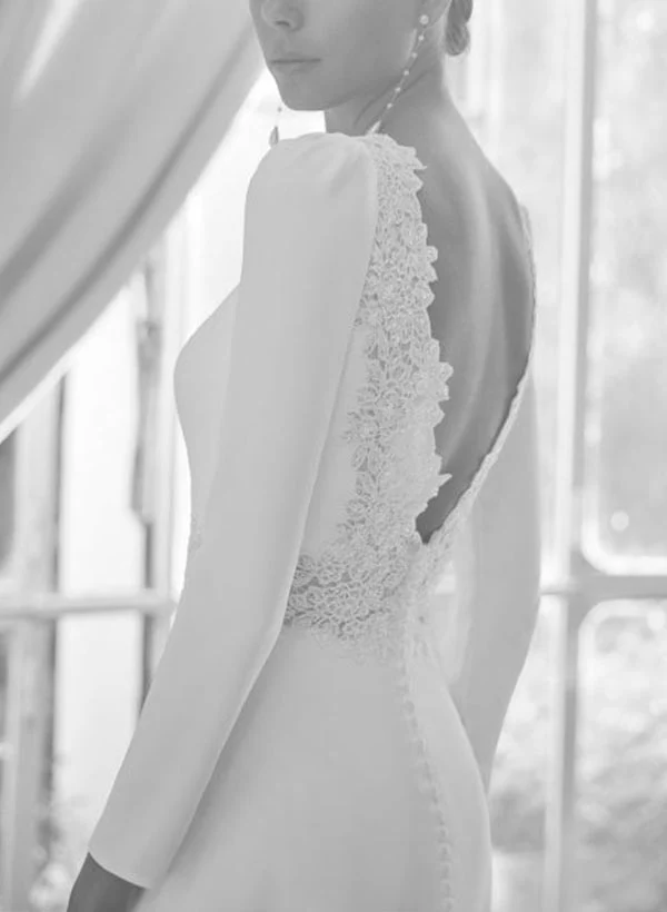 Chic A-line Scoop Neck Long Sleeves Court Train Elastic Satin Wedding Dresses Lace - Image 3