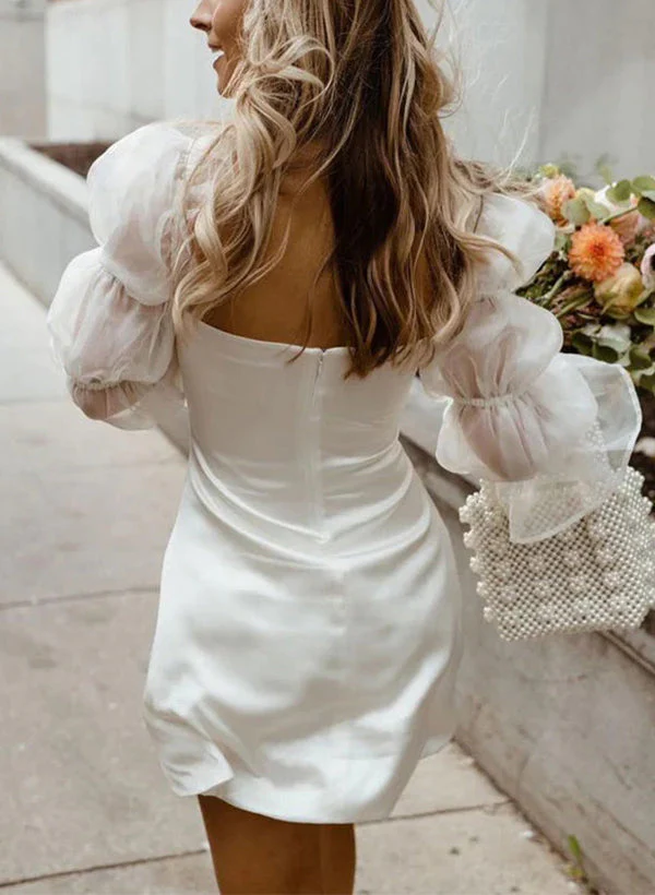 Chic A-line Square Neckline Little White Satin Tulle Wedding Dresses Long Sleeves - Image 2