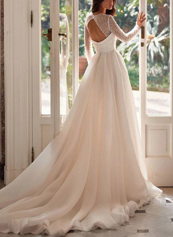 Chic A-line Square Neckline Long Sleeves Chiffon Wedding Dresses High Split - Image 2