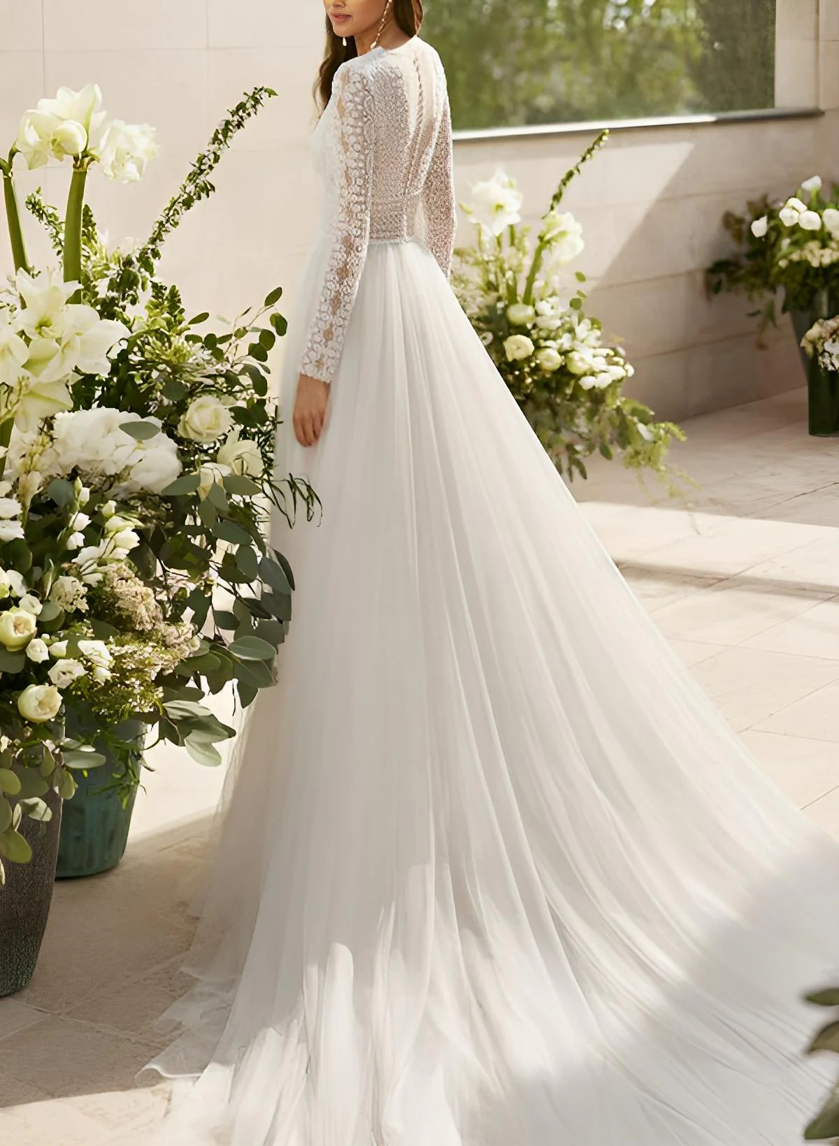 Chic A-line V-Neck Long Sleeves Court Train Chiffon Lace Wedding Dresses Split Front - Image 2