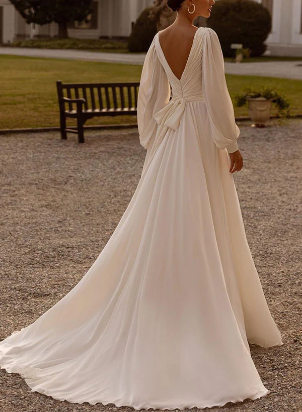 Chic A-line V-Neck Long Sleeves Sweep Train Chiffon Wedding Dresses Sash - Image 4
