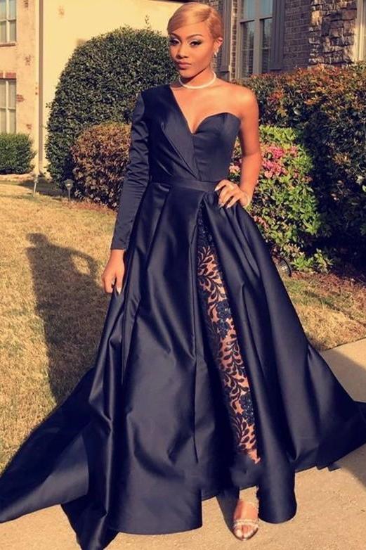 Chic Asymmetric One Shoulder Satin Floor Length Party Dress With Lace Trousers - Image 3