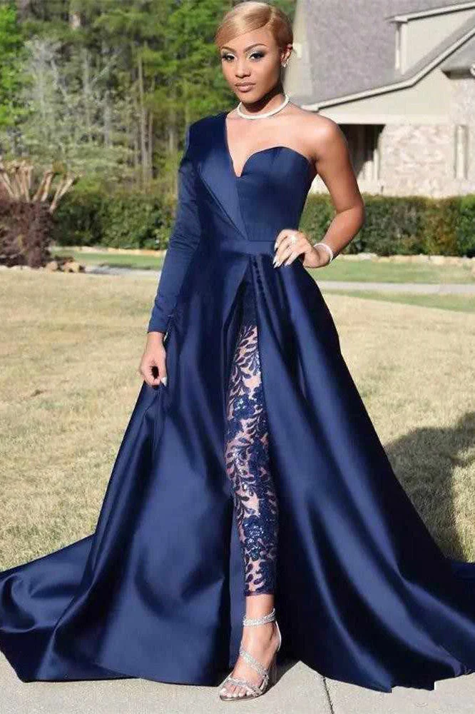 Chic Asymmetric One Shoulder Satin Floor Length Party Dress With Lace Trousers - Image 4