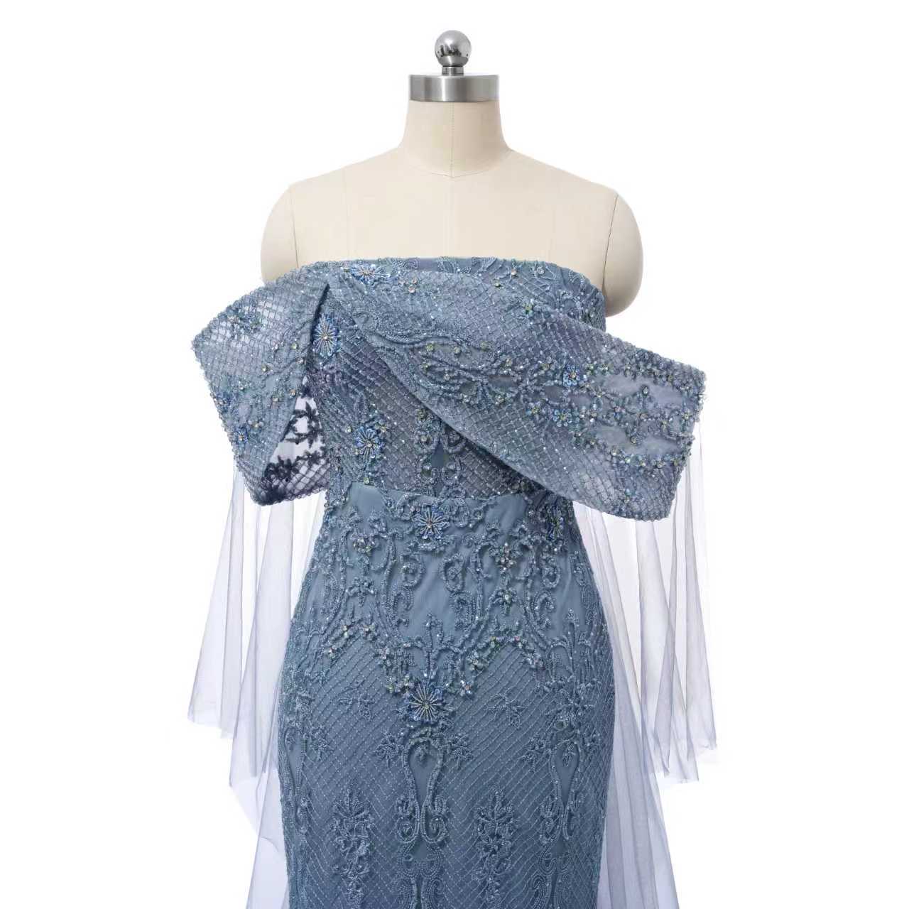 Chic Asymmetrical Strapless Mermaid Prom Dresses Column Long With Beads Zipper - Image 4