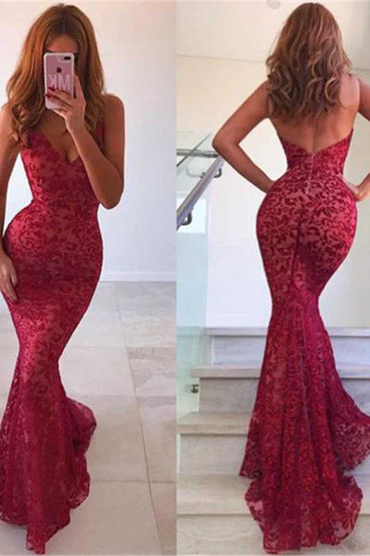 Chic Backless Mermaid Prom Dresses Long Red V-Neck Sleeveless Evening Dress - Image 4