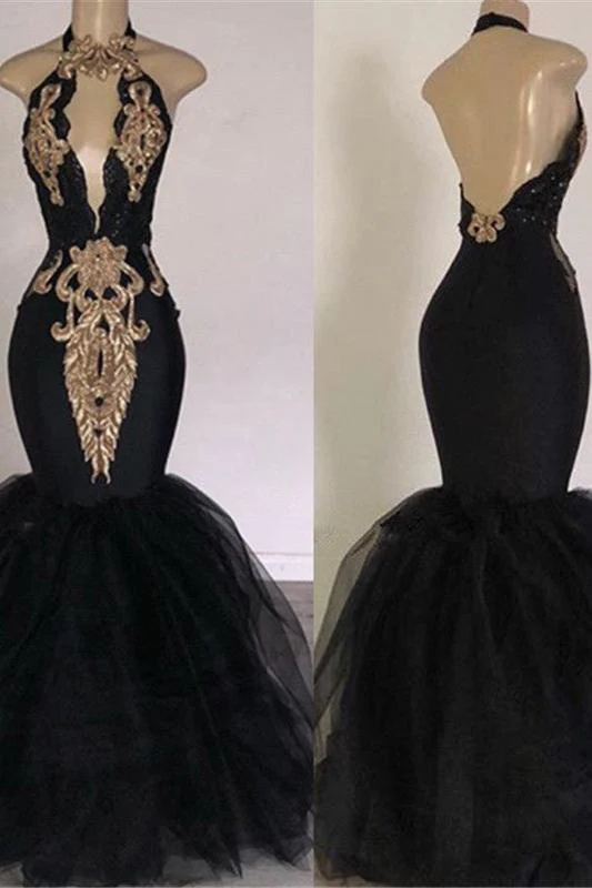 Chic Backless Prom Dresses with Gold Appliques Mermaid Halter Evening Gowns with Keyhole - Image 2
