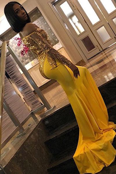 Chic Bandeau Applique Satin Off Shoulder Long Sleeves Mermaid Slim Prom Party Gown - Image 2