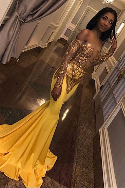 Chic Bandeau Applique Satin Off Shoulder Long Sleeves Mermaid Slim Prom Party Gown - Image 3