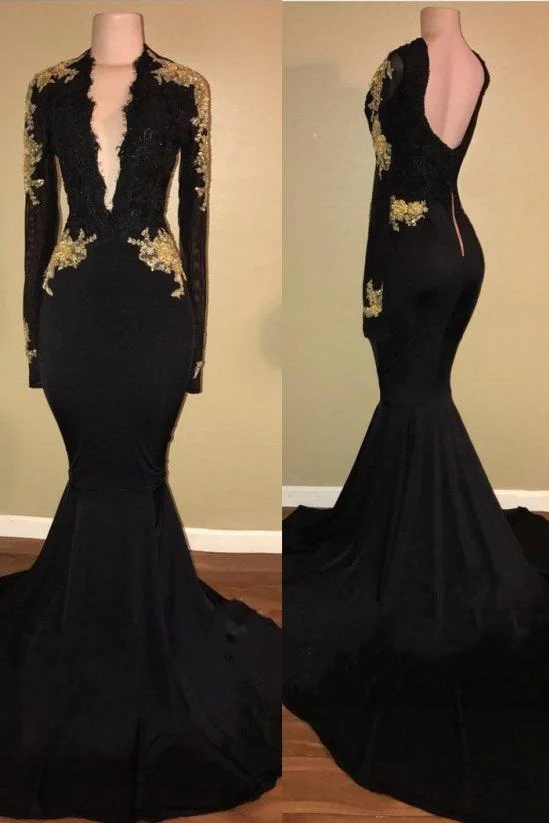 Chic Black and Gold Prom Dresses Deep V-Neck Long Sleevess Evening Gowns - Image 2