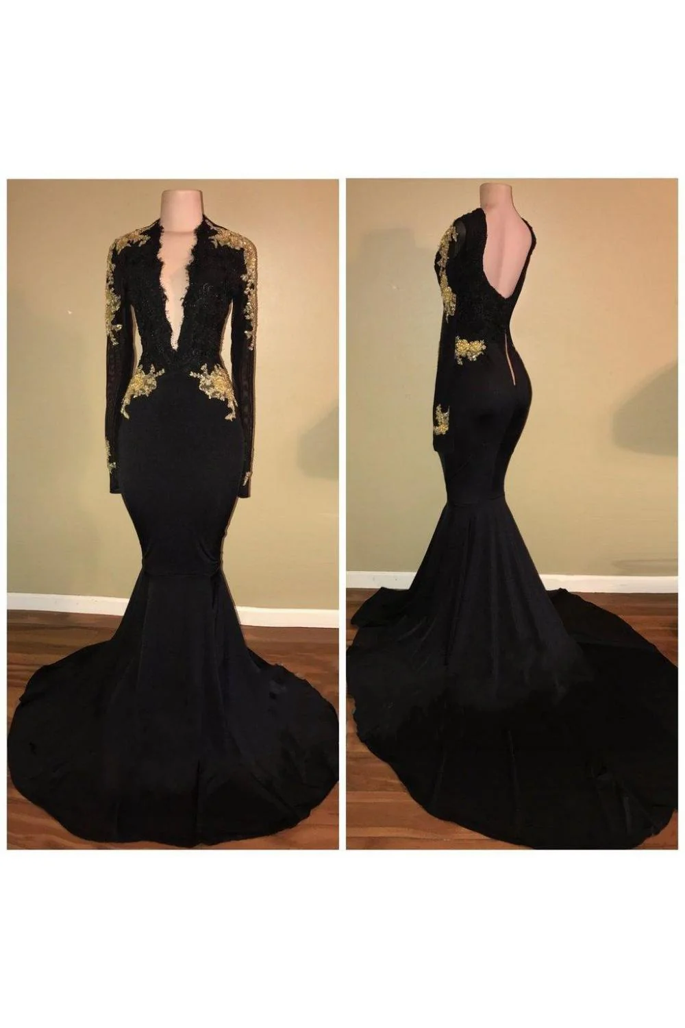 Chic Black and Gold Prom Dresses Deep V-Neck Long Sleevess Evening Gowns - Image 3