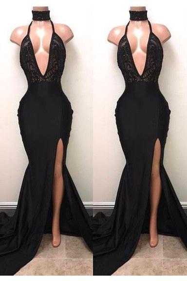 Chic Black High Neck Lace Front Split Mermaid Prom Party Gowns - Image 2