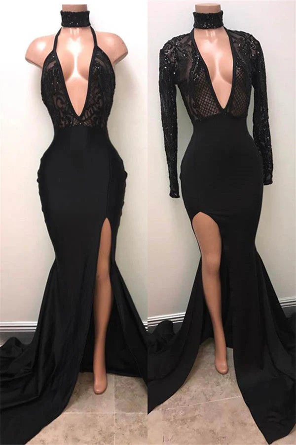 Chic Black High Neck Lace Front Split Mermaid Prom Party Gowns - Image 3