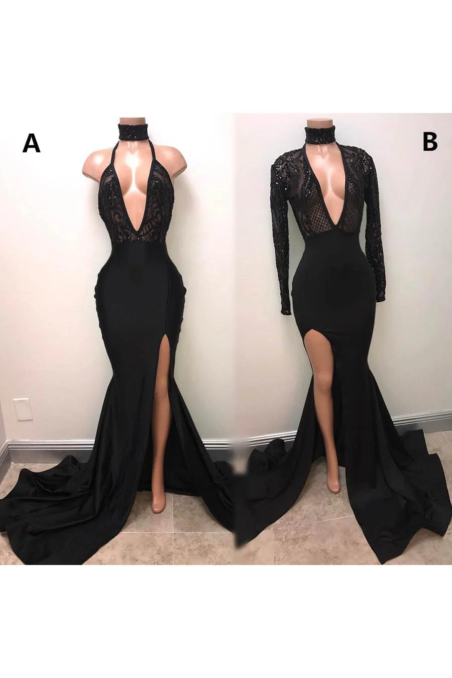 Chic Black High Neck Lace Front Split Mermaid Prom Party Gowns - Image 4