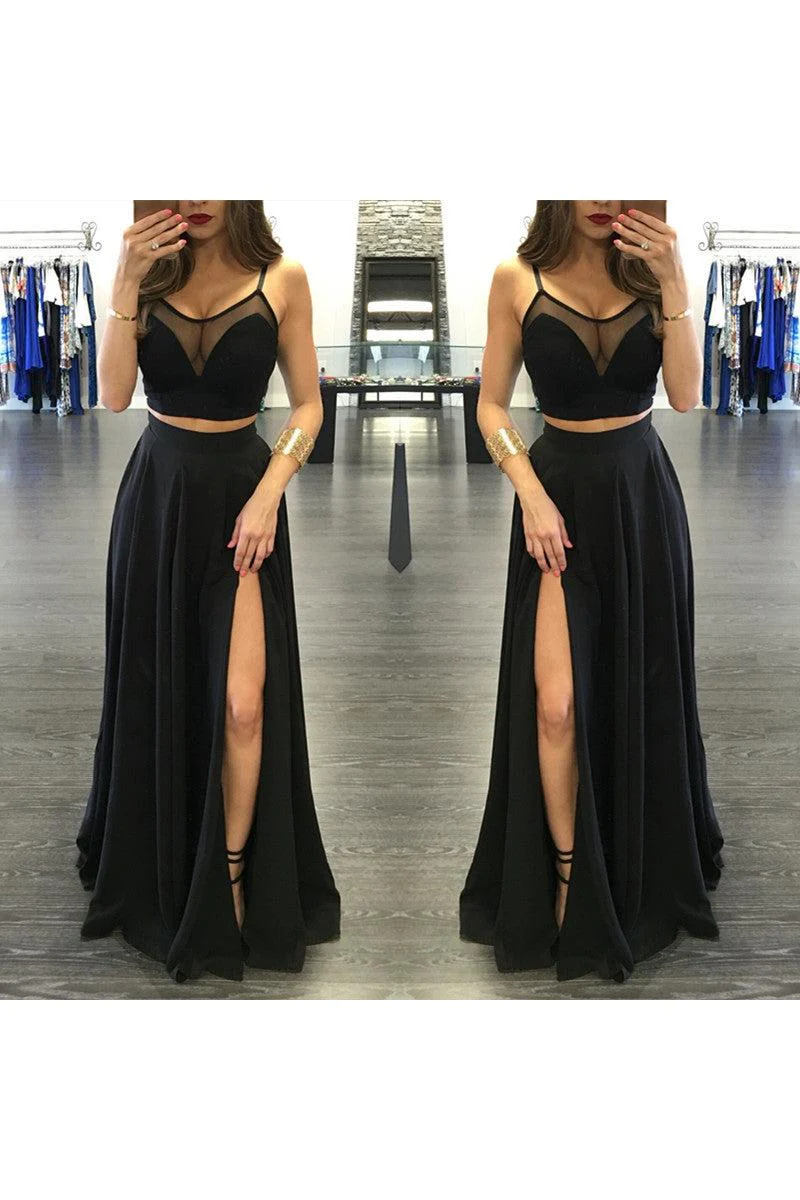 Chic Black Illusion Two Piece Prom Party GownsFront Split Spaghetti Strap - Image 2