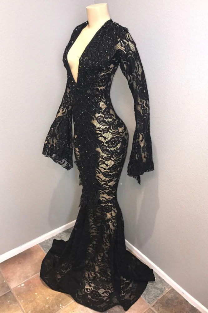 Chic Black Lace V-neck Long Sleevess Mermaid Prom Dresses Sheer Floor Length Evening Gowns - Image 2