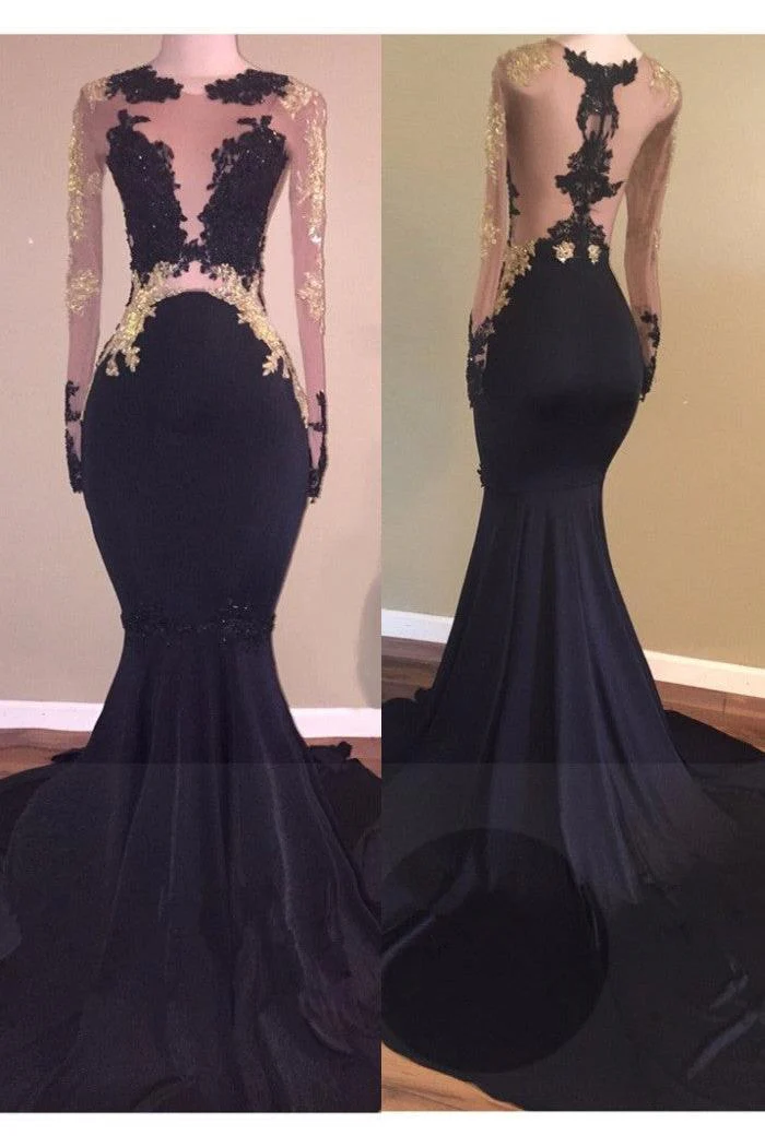 Chic Black Long-Sleeve Lace Mermaid Zipper Prom Party Gowns - Image 2