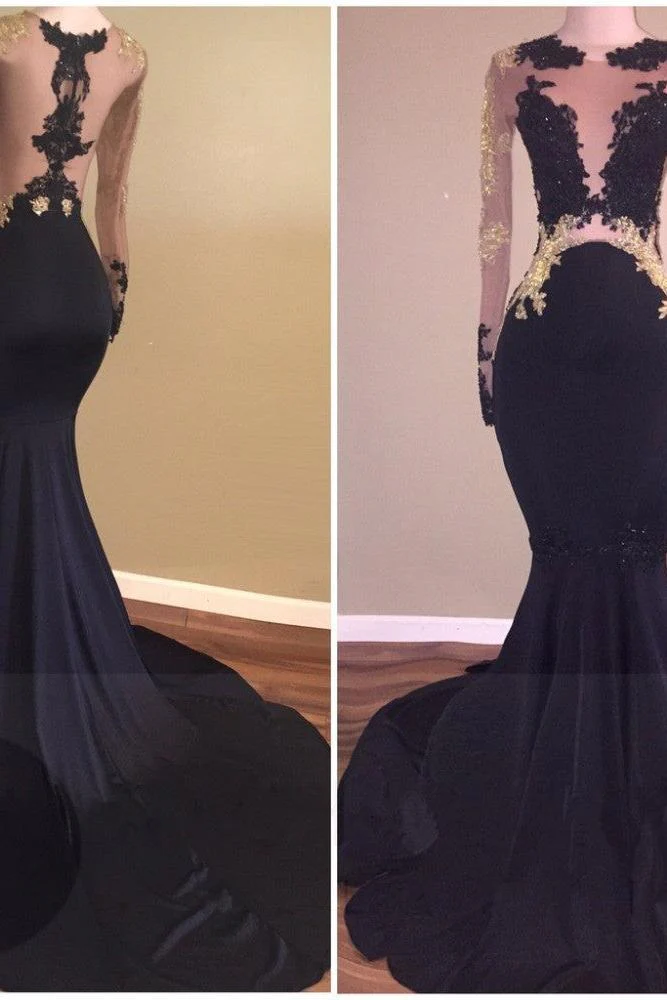 Chic Black Long-Sleeve Lace Mermaid Zipper Prom Party Gowns - Image 3
