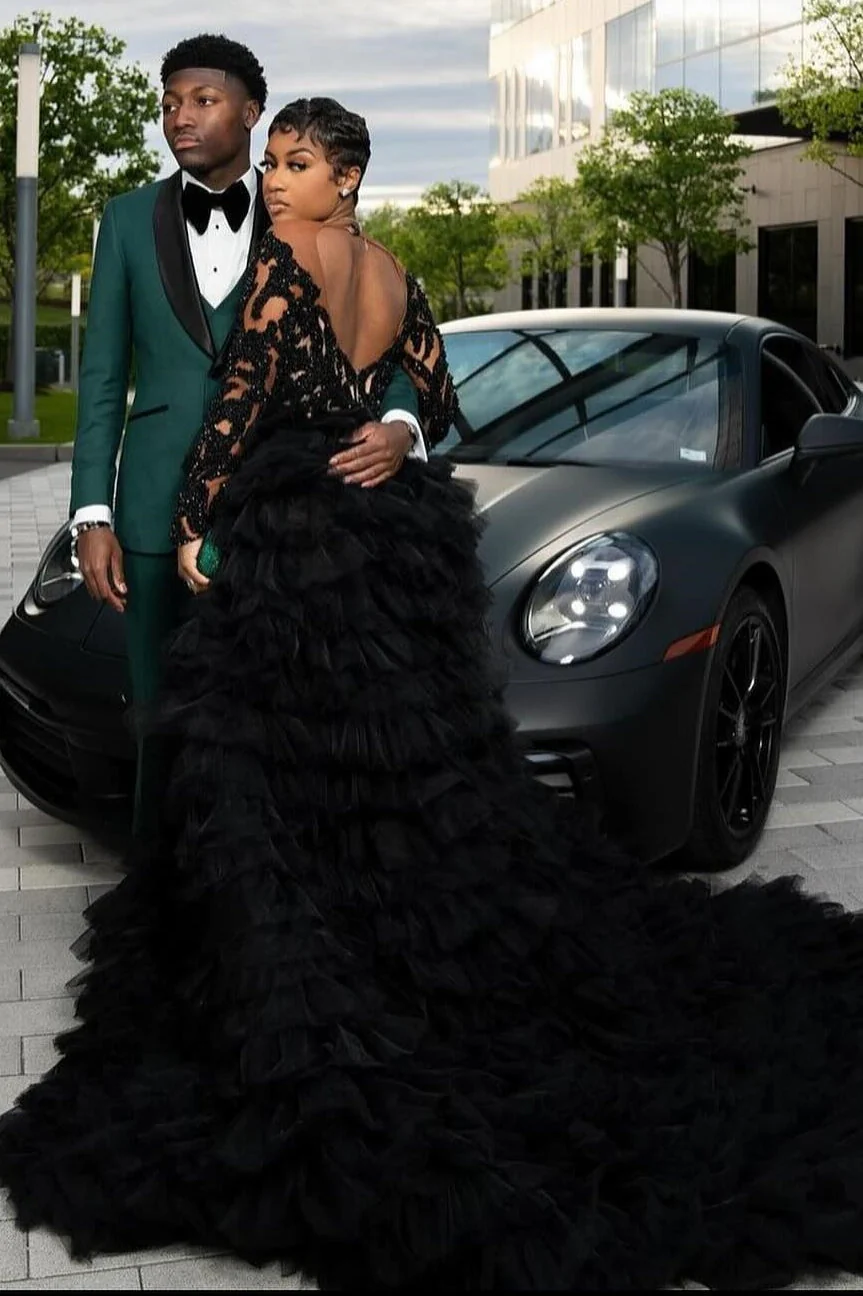 Chic Black Long Sleeves Tiered Open Back Side Slit Prom Dress - Image 2