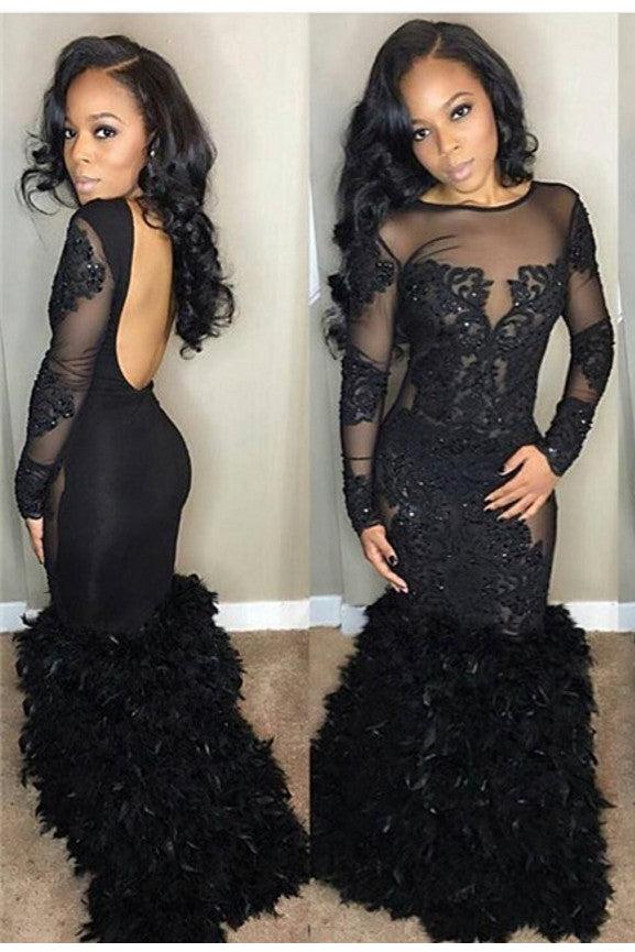 Chic Black Mermaid Prom Party Gowns| Long Sleeves Lace Evening Gowns - Image 2