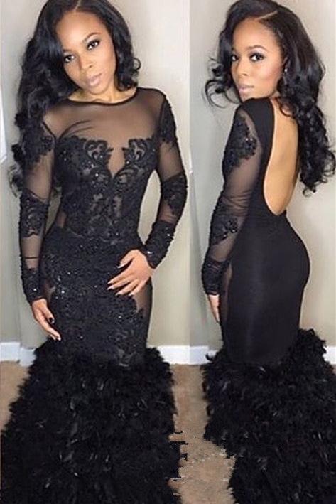 Chic Black Mermaid Prom Party Gowns| Long Sleeves Lace Evening Gowns - Image 3