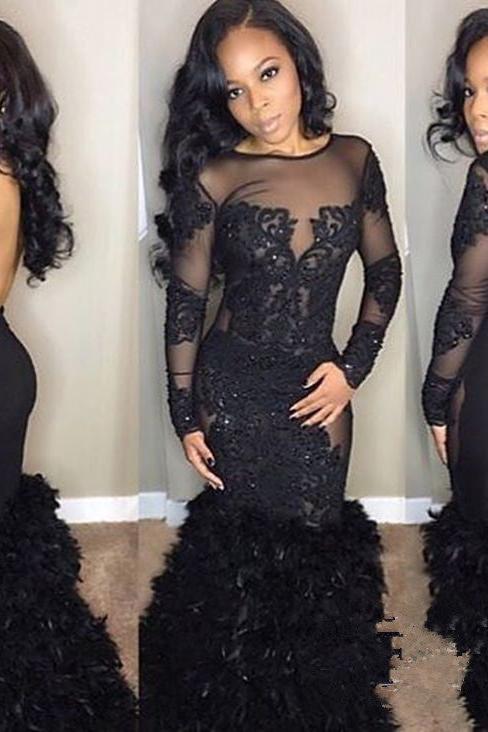 Chic Black Mermaid Prom Party Gowns| Long Sleeves Lace Evening Gowns - Image 4