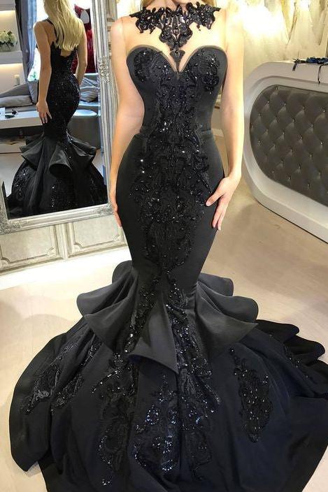 Chic Black Mermaid Prom Party GownsLong Sequins Ruffles Party Gowns - Image 2
