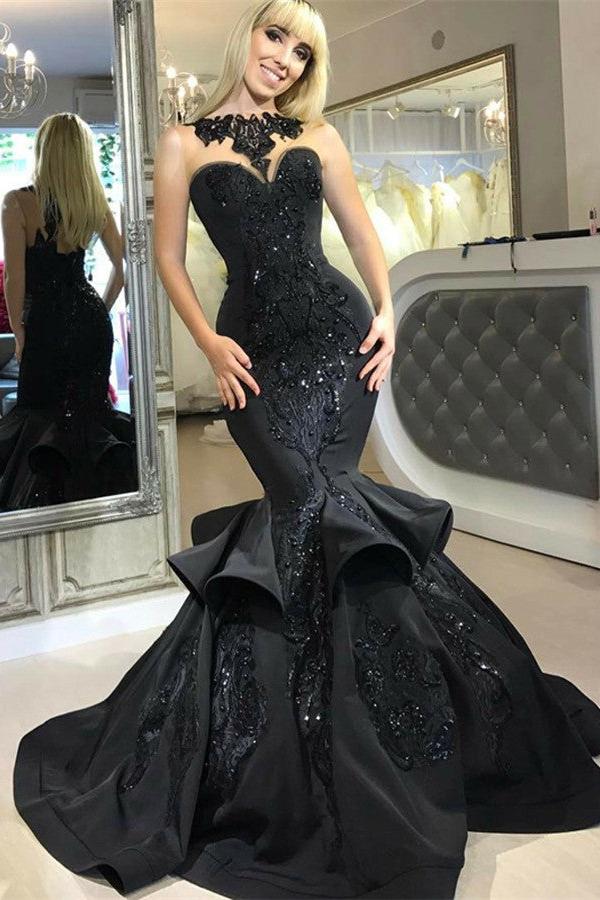 Chic Black Mermaid Prom Party GownsLong Sequins Ruffles Party Gowns - Image 3