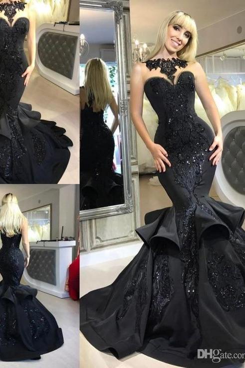 Chic Black Mermaid Prom Party GownsLong Sequins Ruffles Party Gowns - Image 5