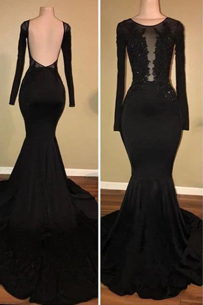 Chic Black Mermaid Prom Party GownsLong Sleeves With Lace Appliques - Image 2