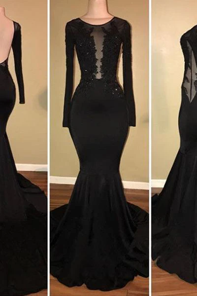 Chic Black Mermaid Prom Party GownsLong Sleeves With Lace Appliques - Image 3