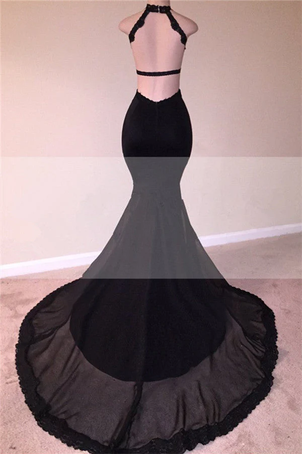 Chic Black Open Back Lace Prom Dresses Sleeveless See Through Tulle Evening Gown - Image 2