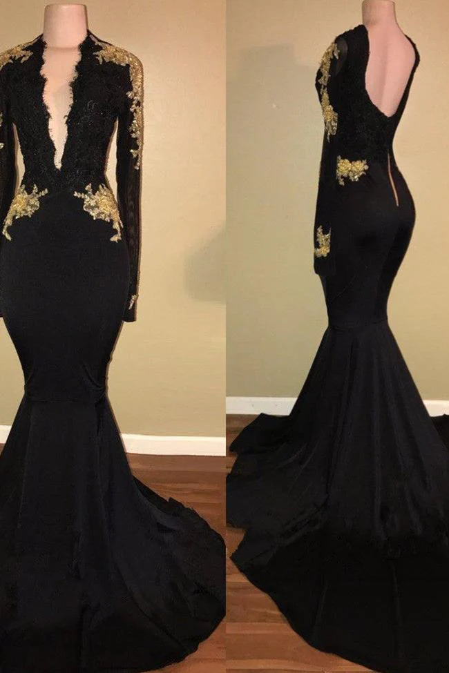 Chic Black prom dress Mermaid Long Sleeves Evening Dress - Image 2