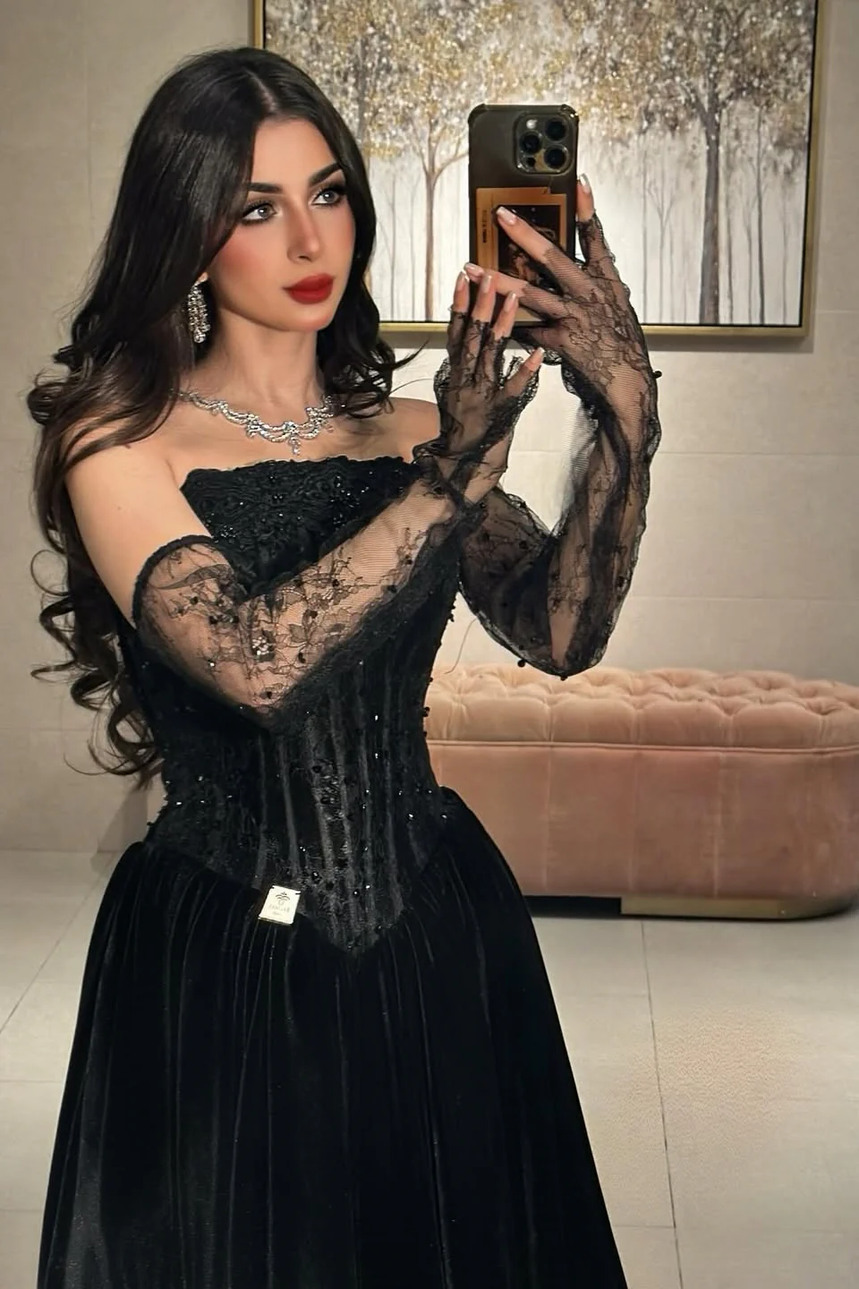 Chic Black Strapless Sleeves A-Line Velvet Prom Dresses Lace With Beads Pleats - Image 2