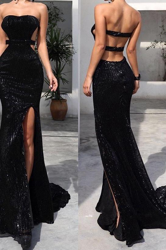 Chic Black Tube Top Sequins Floor Length Prom Dresses With Split White Open Back Party Gowns - Image 2