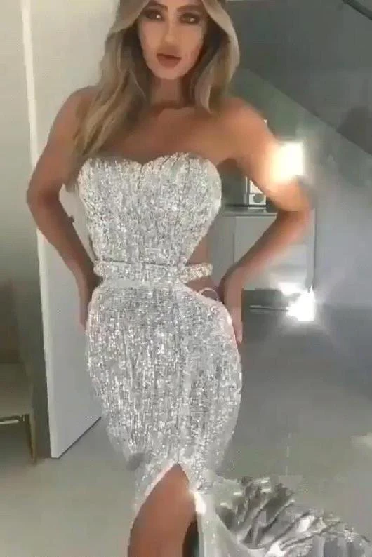 Chic Black Tube Top Sequins Floor Length Prom Dresses With Split White Open Back Party Gowns - Image 3