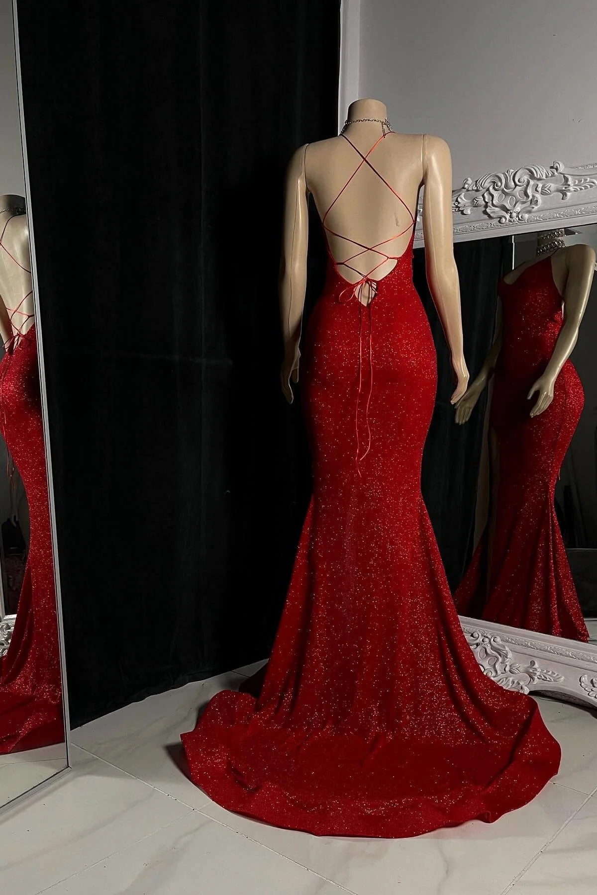 Chic Burgundy Halter V-Neck Sleeveless Mermaid Prom Dresses High Split With Criss-Cross Back - Image 2