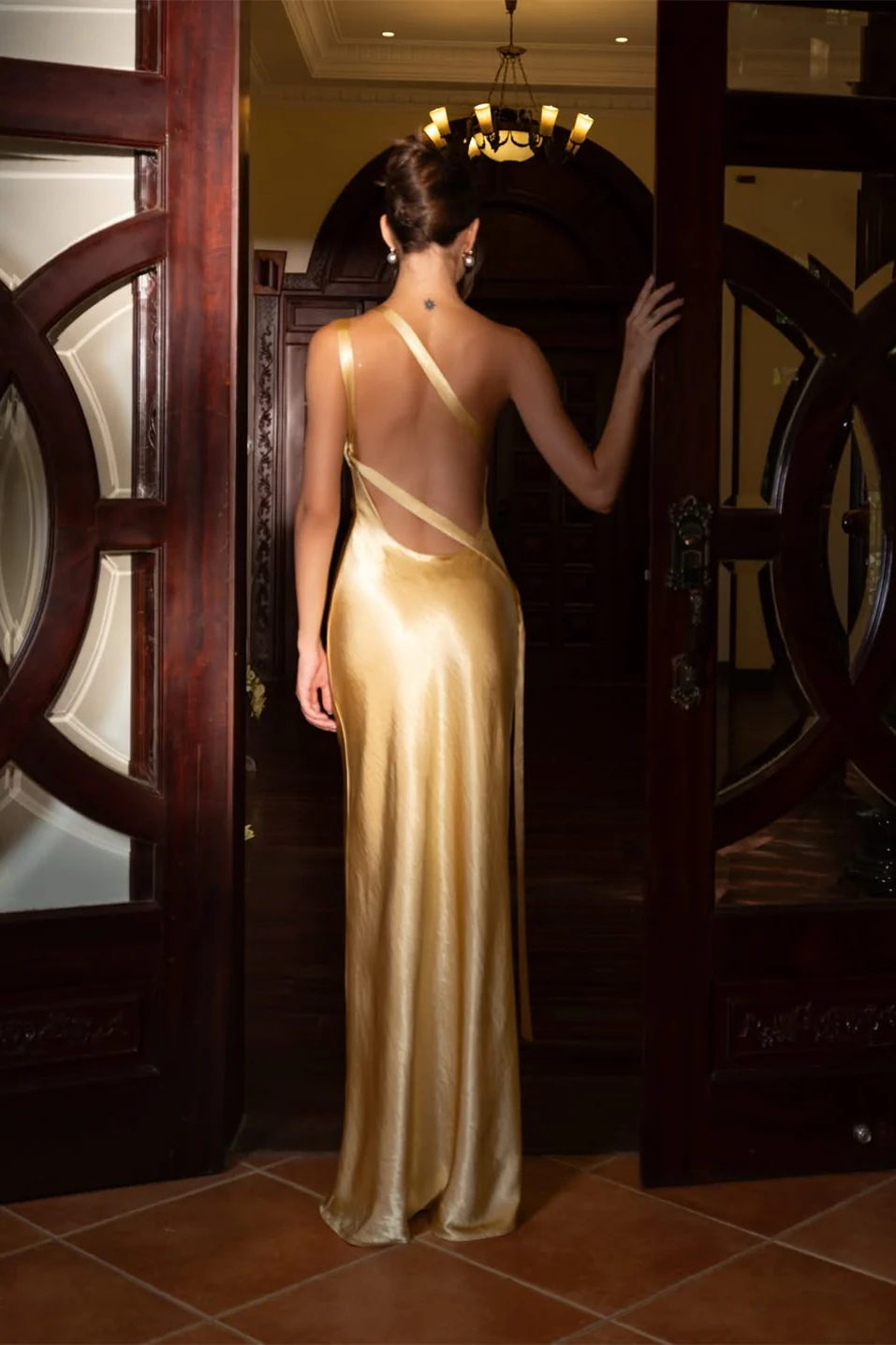 Chic Champagne Asymmetrical One Shoulder Satin Prom Dresses Backless Sleeveless With Flower - Image 2