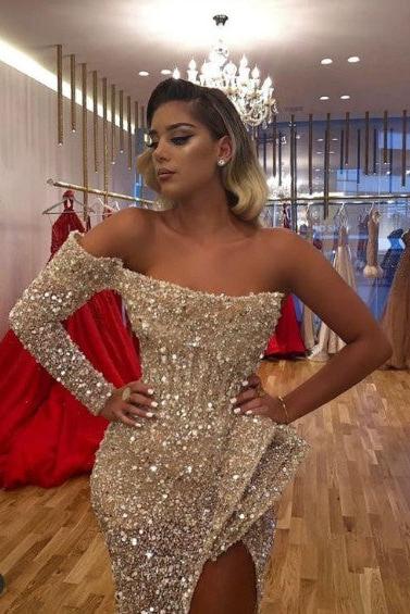 Chic Crystal Beading One-shoulder Strapless Slit Mermaid Sequins Prom Gowns - Image 2