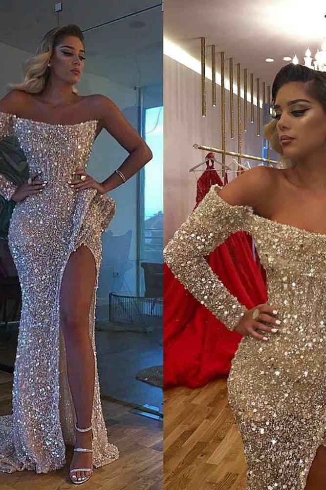 Chic Crystal Beading One-shoulder Strapless Slit Mermaid Sequins Prom Gowns - Image 3