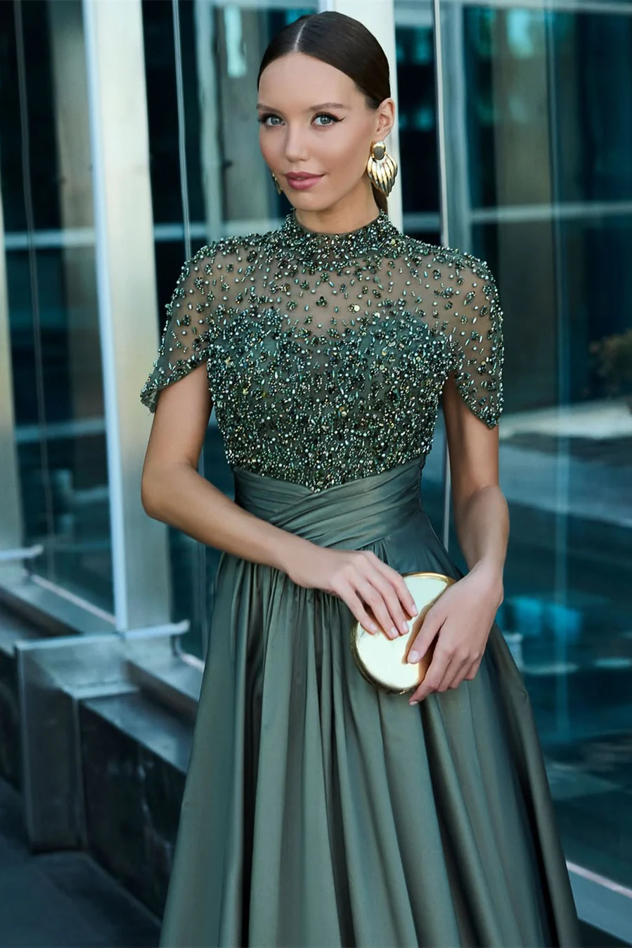 Chic Dark Green High Collar Satin A-Line Prom Dresses Short Sleeves Beading With Pleats - Image 2