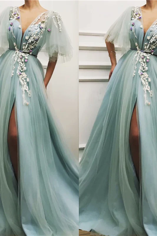 Chic Deep V-neck Front Slit Prom Party Gowns| Short Sleeveless Tulle Appliques Long Prom Party Gowns - Image 2