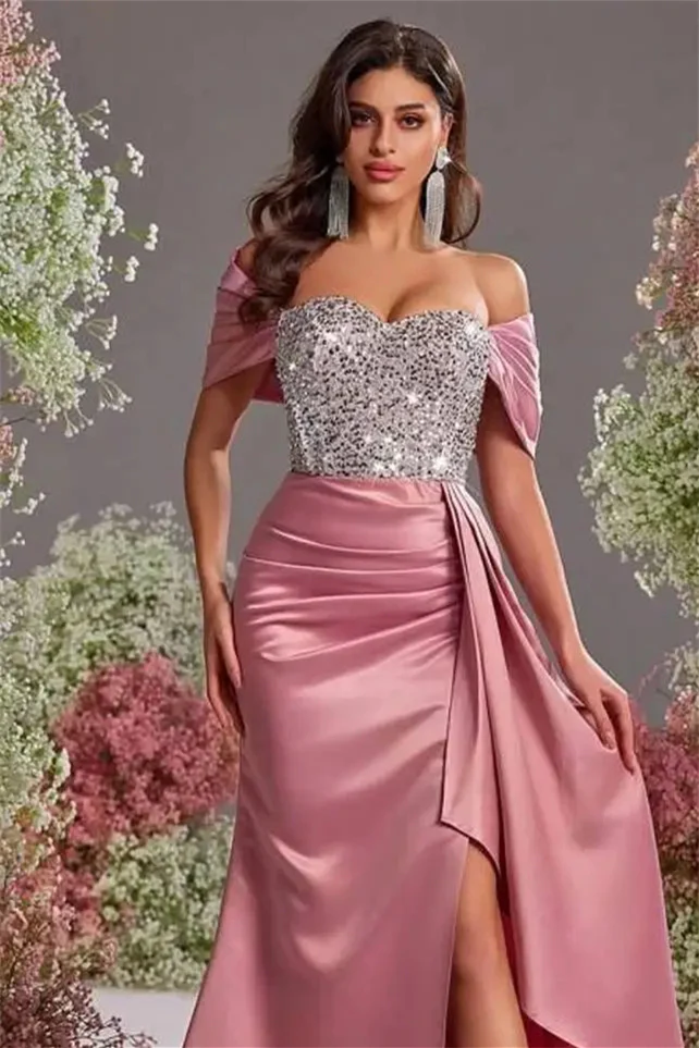 Chic Dusty Rose Sweetheart Off-The-Shoulder Satin Prom Dress Mermaid High Split With Ruffle Beads - Image 2